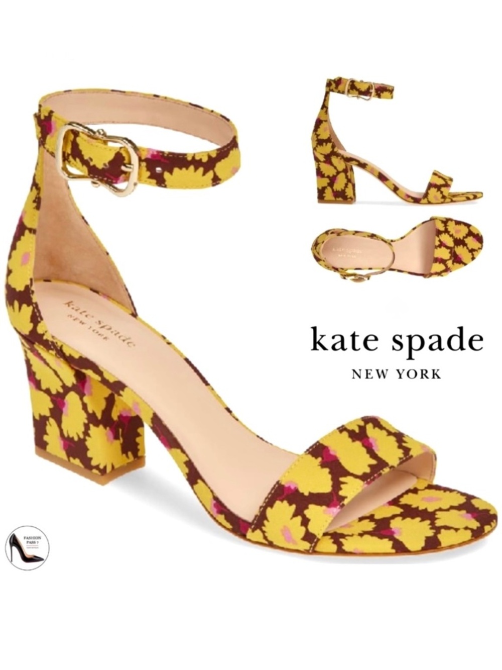 Kate Spade Susane Rich Fudge Sandals Floral Yellow Ankle Strap Block Heel Pumps